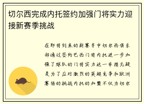 切尔西完成内托签约加强门将实力迎接新赛季挑战
